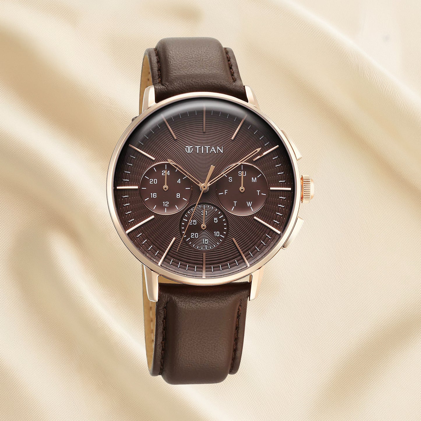 Titan Light Leather Multifunction Brown Dial Leather Strap Watch For Men With Yellow Charm