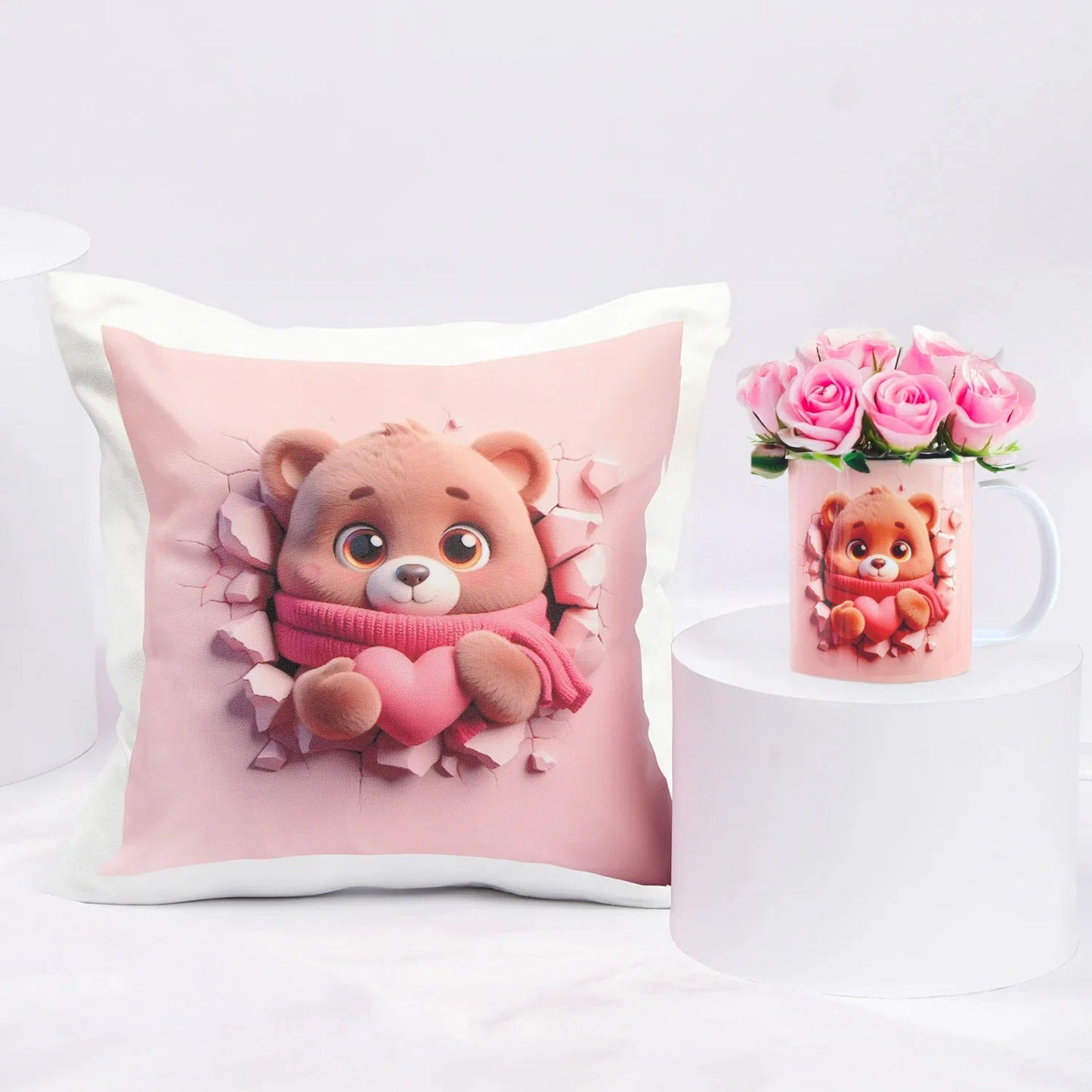 Adorable Teddy Bear Cushion & Mug Gift Combo with Pink Roses
