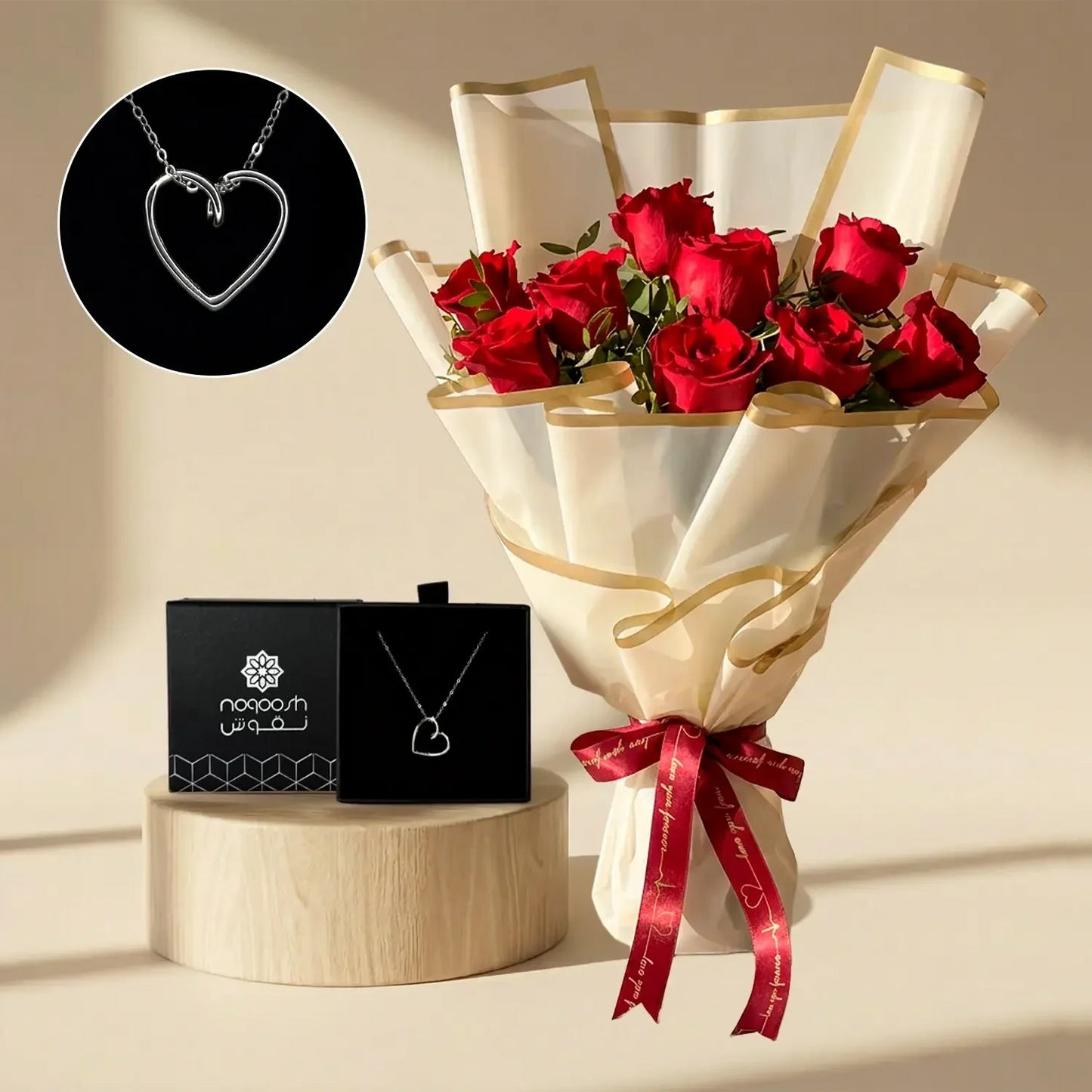 Elegant Valentine Love Gift Set: Roses & Heart Necklace