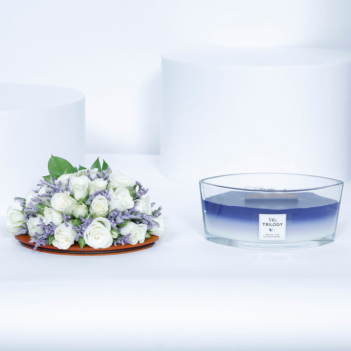 WoodWick Ellipse Candle - Evening Luxe with Elegant Floral Arrangement