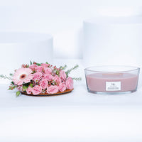 WoodWick Ellipse Candle - Pressed Blooms & Patchouli with Elegant Floral Arrangement