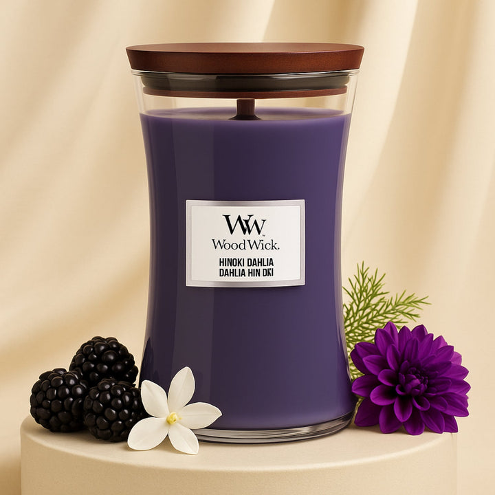 Woodwick Large Hourglass Candle | Hinoki Dahlia Fragrance