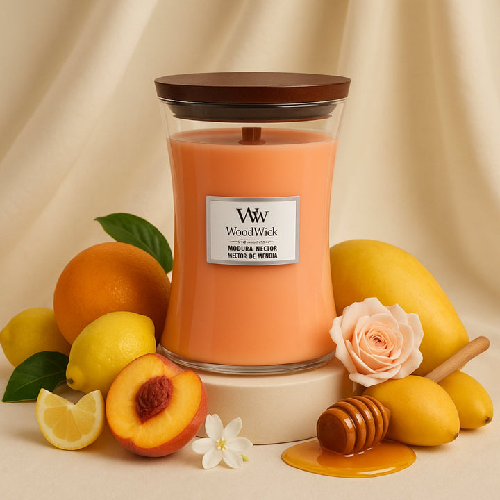 شمعة وودويك كبيرة بشكل الساعة الرملية | برائحة رحيق المانوكا