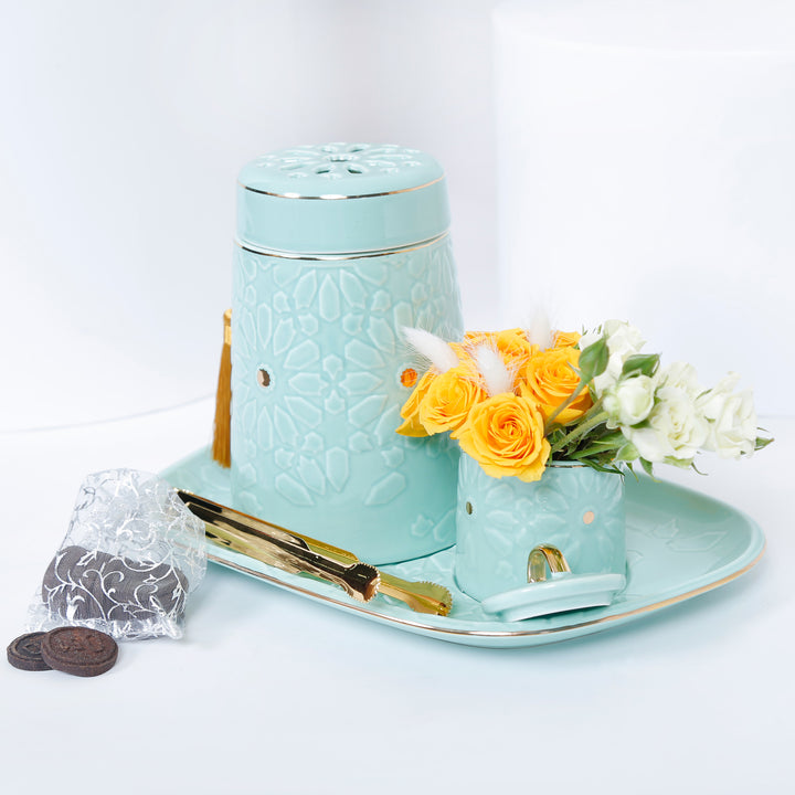 مجموعة هدايا فاخرة من البخور مع زهور صفراء ومبخرة بورسلين