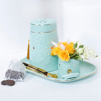 مجموعة هدايا فاخرة من البخور مع زهور صفراء ومبخرة بورسلين