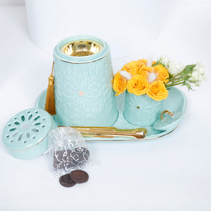 مجموعة هدايا فاخرة من البخور مع زهور صفراء ومبخرة بورسلين