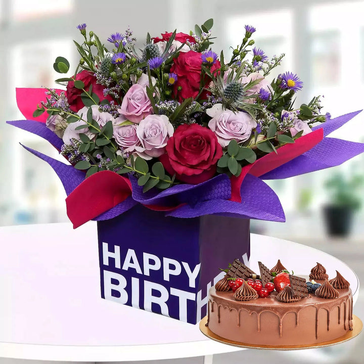 Delightful Chocolate Fudge Cake & Vibrant Birthday Flower Arrangement