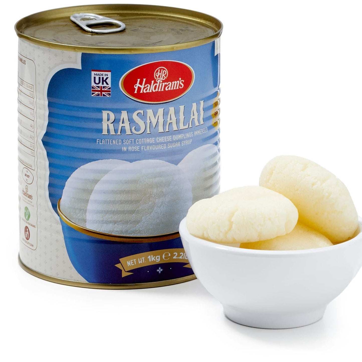 Haldiram's 1 Kg Rasmalai Tin Pack - Authentic Indian Dessert in Rose Flavored Syrup