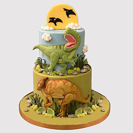 Delightful 2-Tier Dinosaur Theme Chocolate Fondant Cake