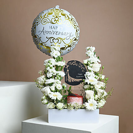Elegant Anniversary Floral Arrangement and Red Velvet Cake Combo