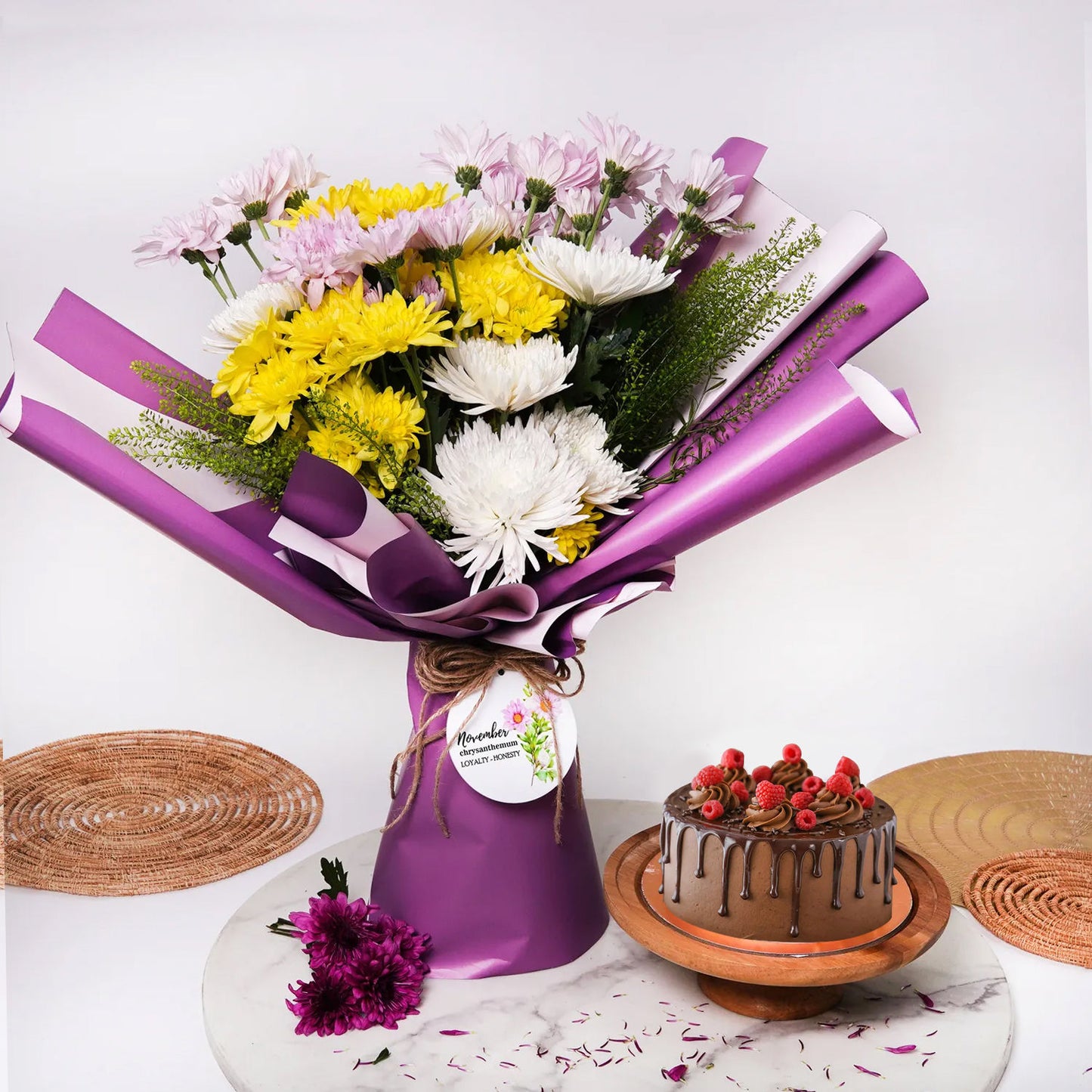 Elegant Birthday Flower Bouquet & Decadent Raspberry Chocolate Cake Combo