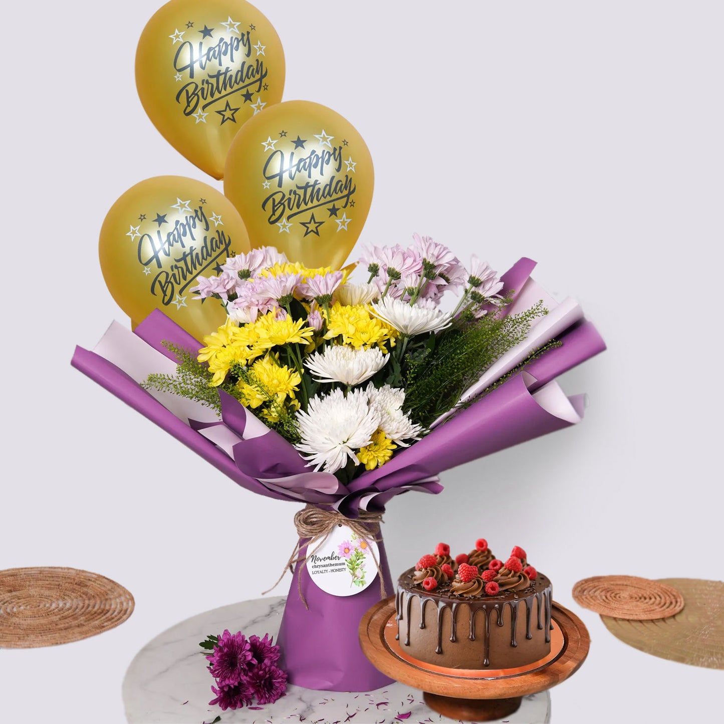 Delightful Birthday Flower and Cake Combo with Balloons