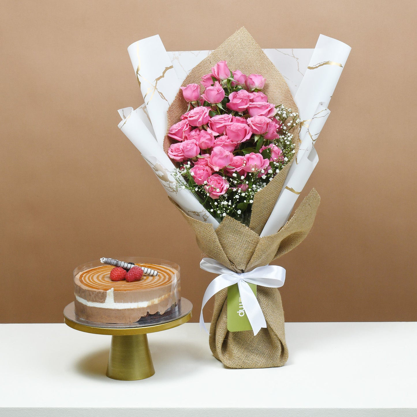 Romantic Pink Roses and Decadent Chocolate Cake Gift Set