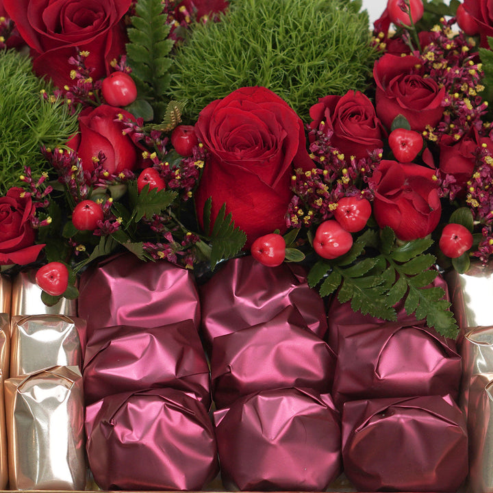 Luxurious Golden Tray of Exotic Mixed Flowers & Premium Chocolates