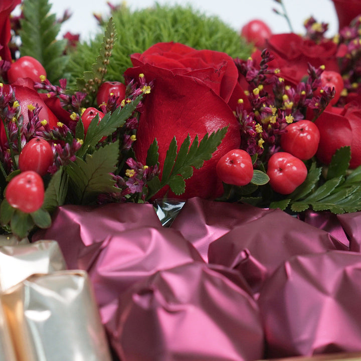 Luxurious Golden Tray of Exotic Mixed Flowers & Premium Chocolates