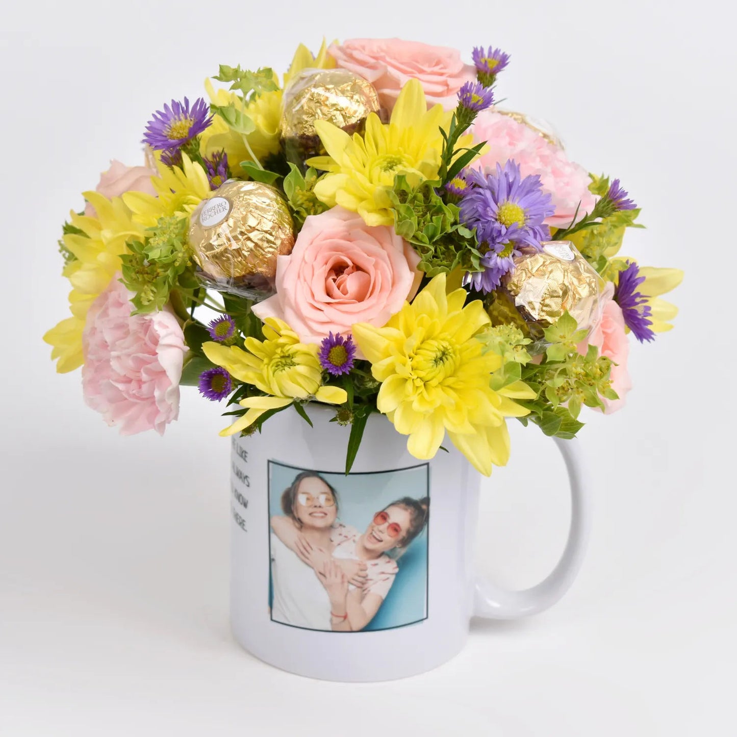 Personalized Friendship Mug with Fresh Flowers and Ferrero Rocher Chocolates