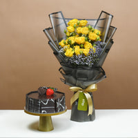 مجموعة هدية ورود الشفق الذهبي وكعكة الشوكولاتة الفاخرة