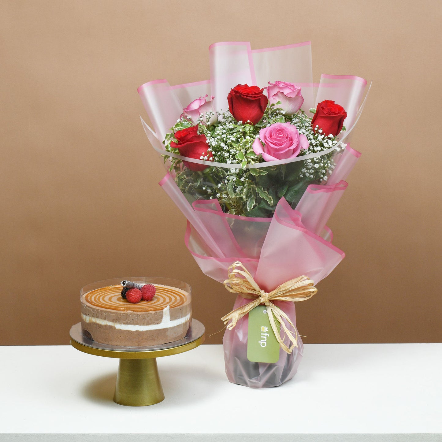 Elegant Rose Bouquet with Decadent Triple Chocolate Cake