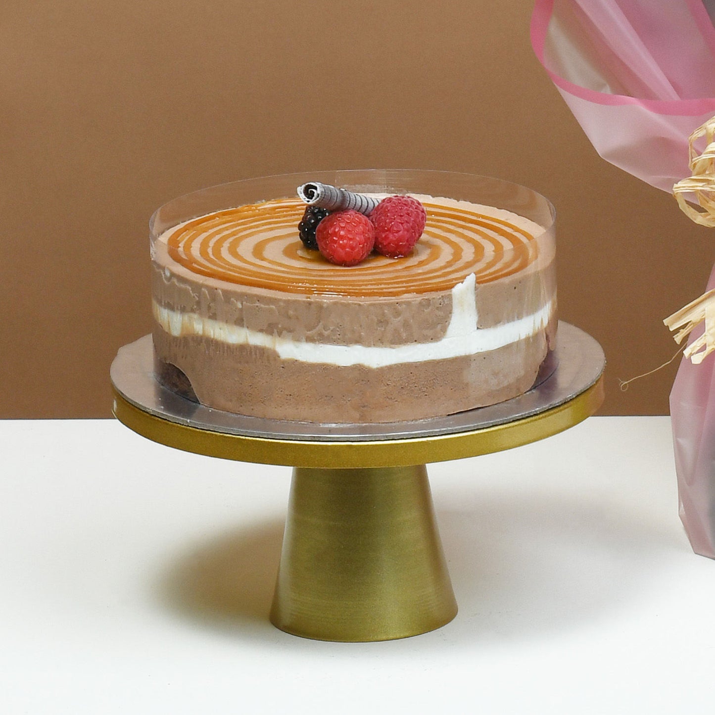 Elegant Rose Bouquet with Decadent Triple Chocolate Cake