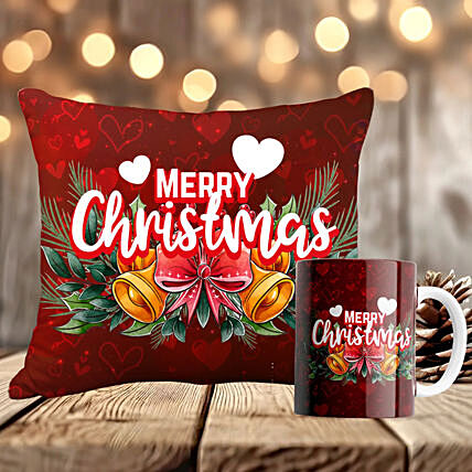 Festive Holly Christmas Wishes Cushion and Mug Set