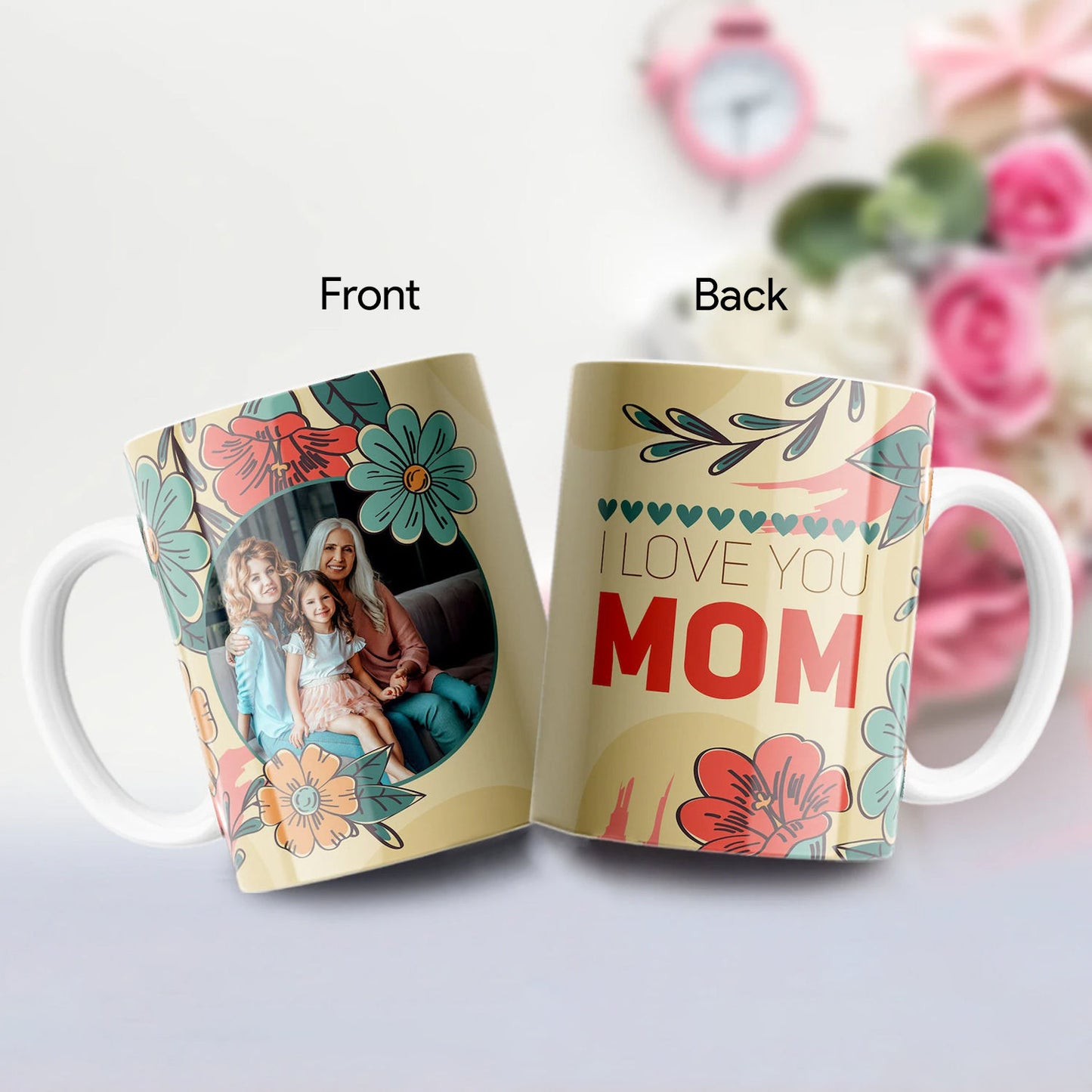 كوب خزفي شخصي مع صورة وتصميم - أحبك أمي