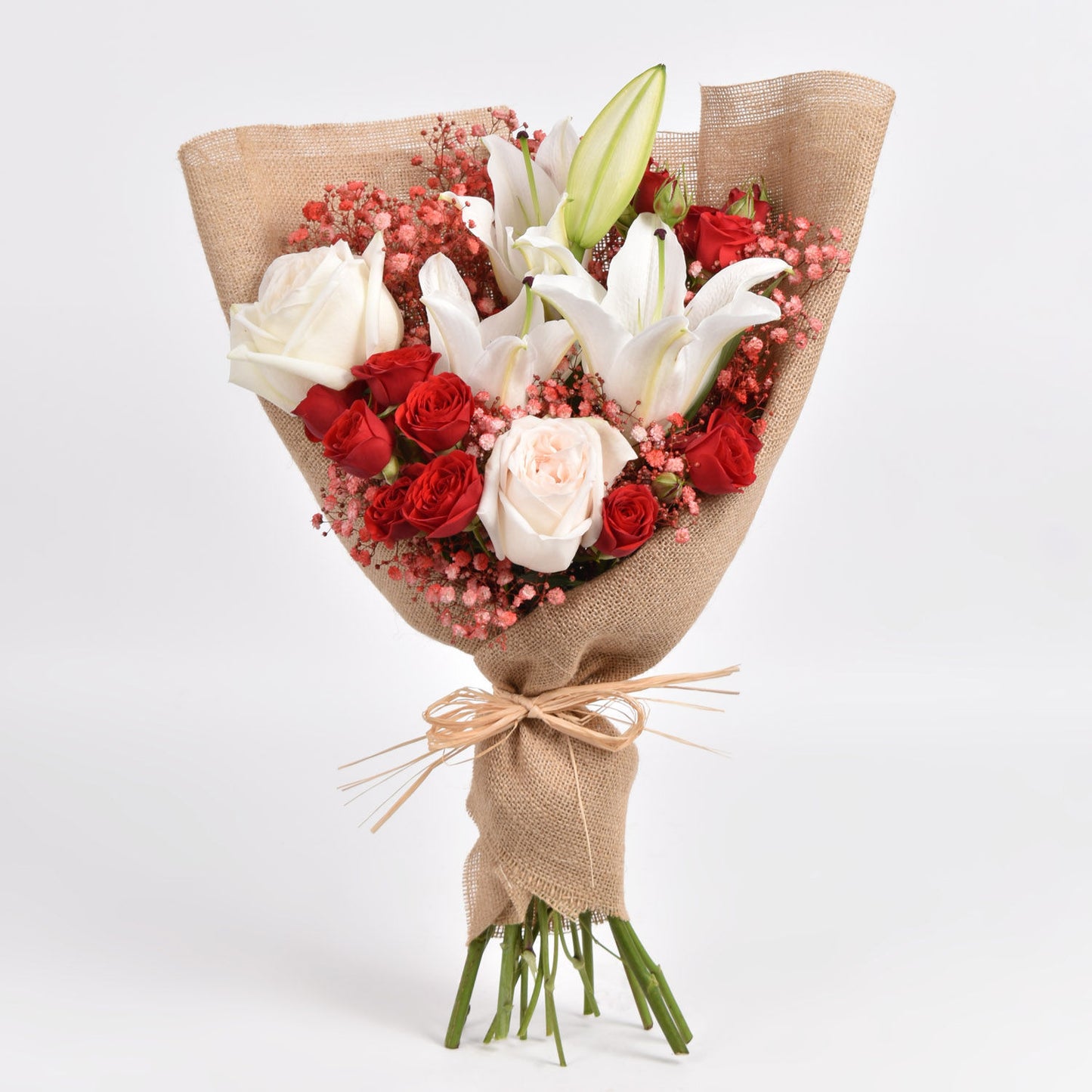 Elegant Lilly Shade Bouquet - A Symphony of White and Red Roses