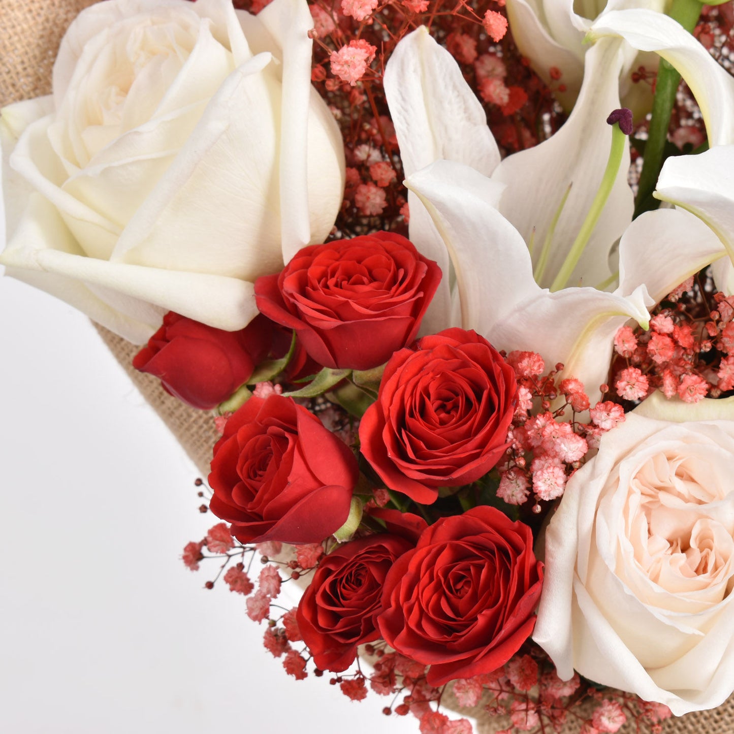 Elegant Lilly Shade Bouquet - A Symphony of White and Red Roses