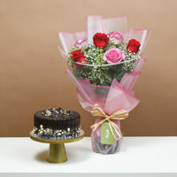 Romantic Blush: Red & Pink Roses with Decadent Chocolate Hazelnut Cake