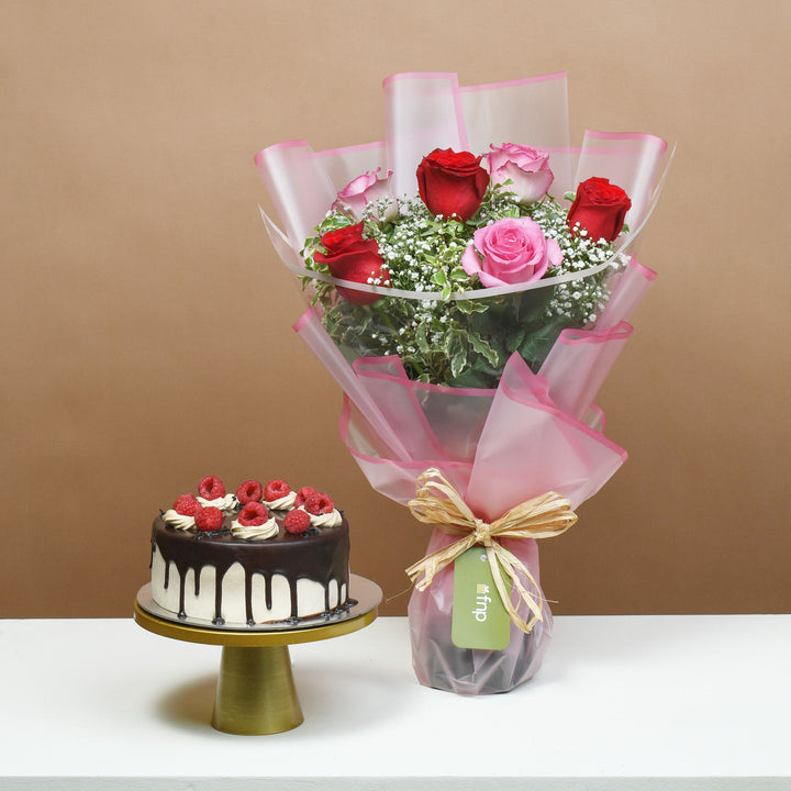 Exquisite Blushing Roses Bouquet with Decadent Dripping Chocolate Cake