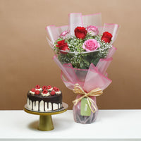Exquisite Blushing Roses Bouquet with Decadent Dripping Chocolate Cake