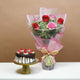 Exquisite Blushing Roses Bouquet with Decadent Dripping Chocolate Cake