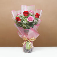 Exquisite Blushing Roses Bouquet with Decadent Dripping Chocolate Cake