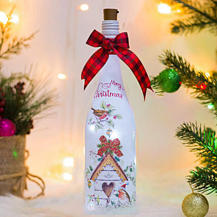 Festive Merry Christmas Hand-Painted Glass Bottle with LED Lights