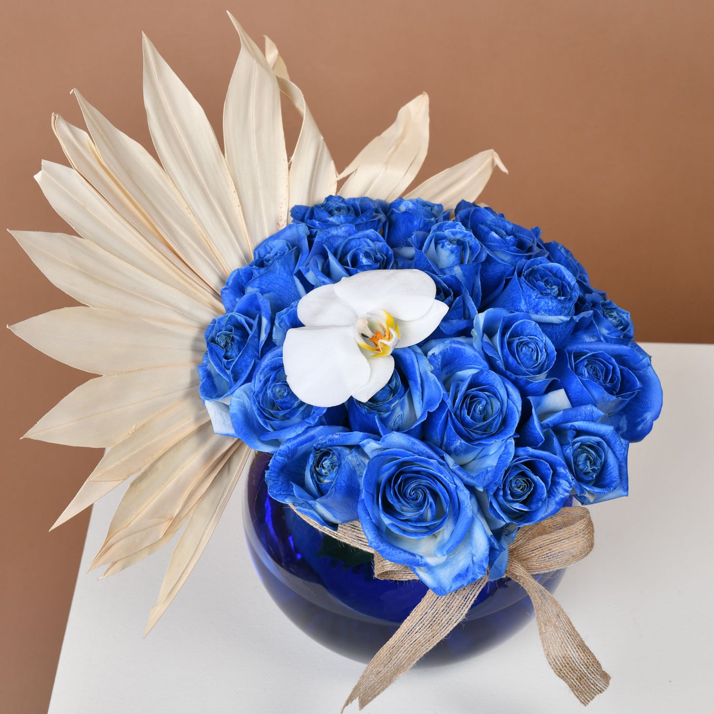 Mystic Blue Rose Ensemble in Elegant Fish Bowl Vase