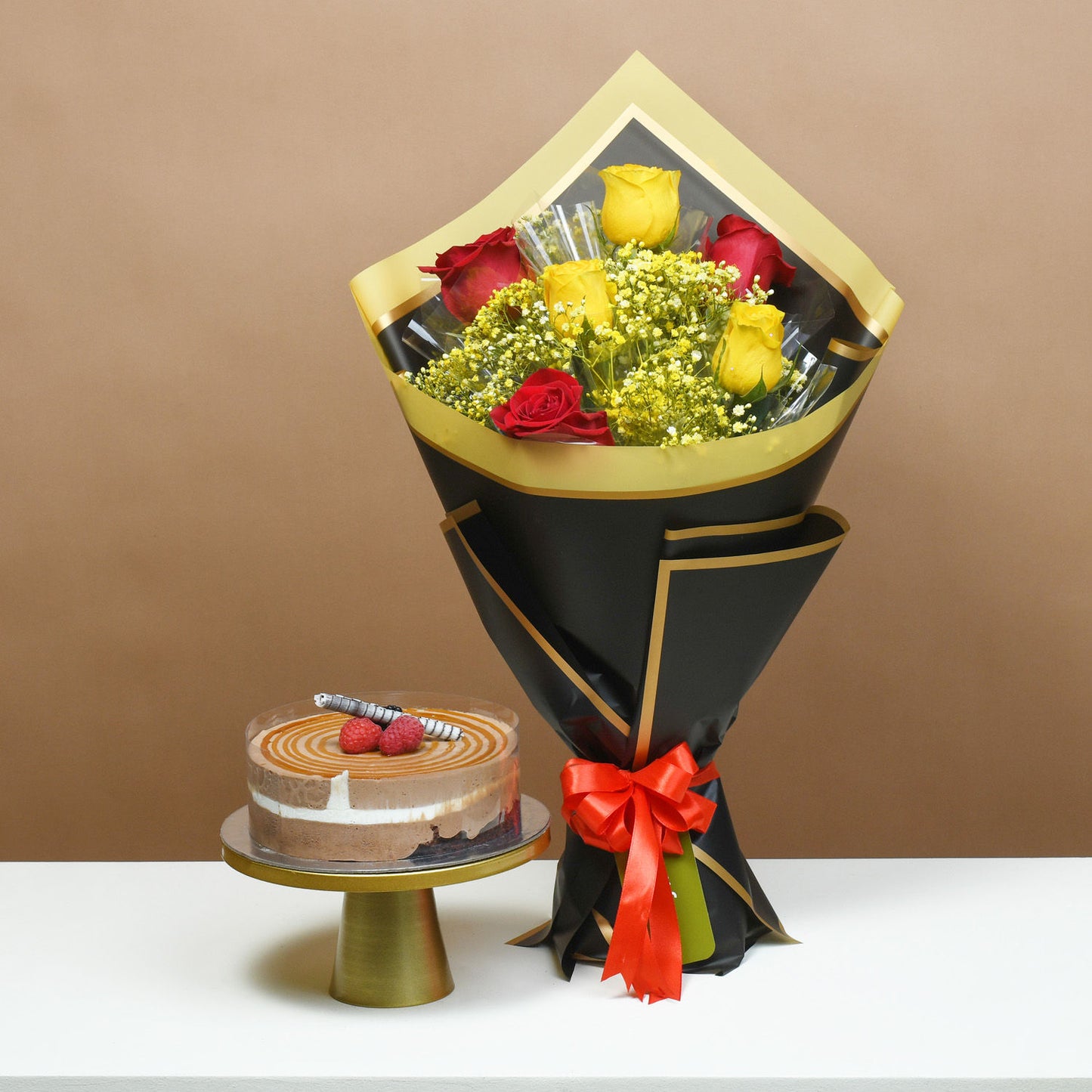 Radiant Sunshine Roses with Decadent Chocolate Cake