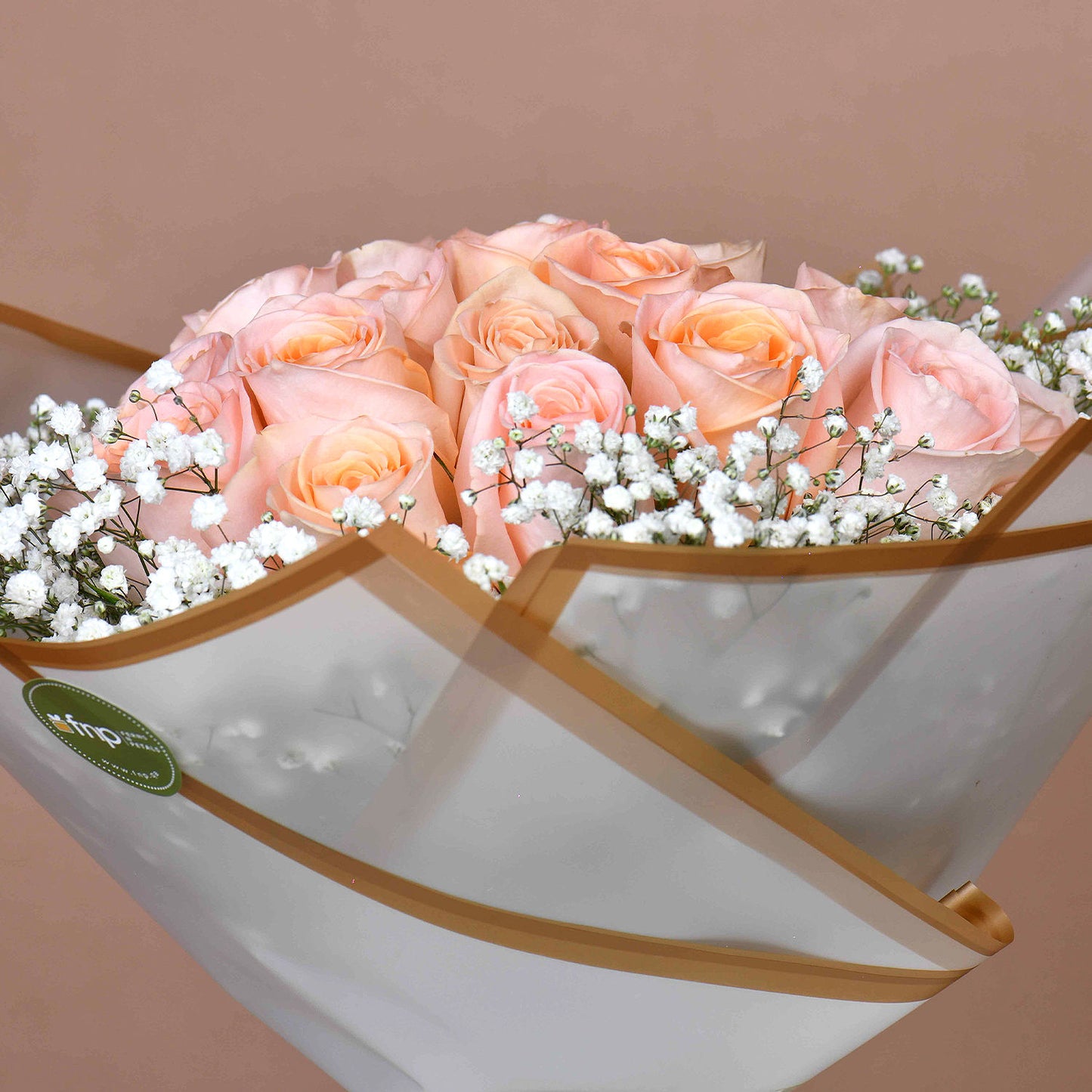 Elegant Peach Love 20 Roses Bouquet with Gypsophila Fillers