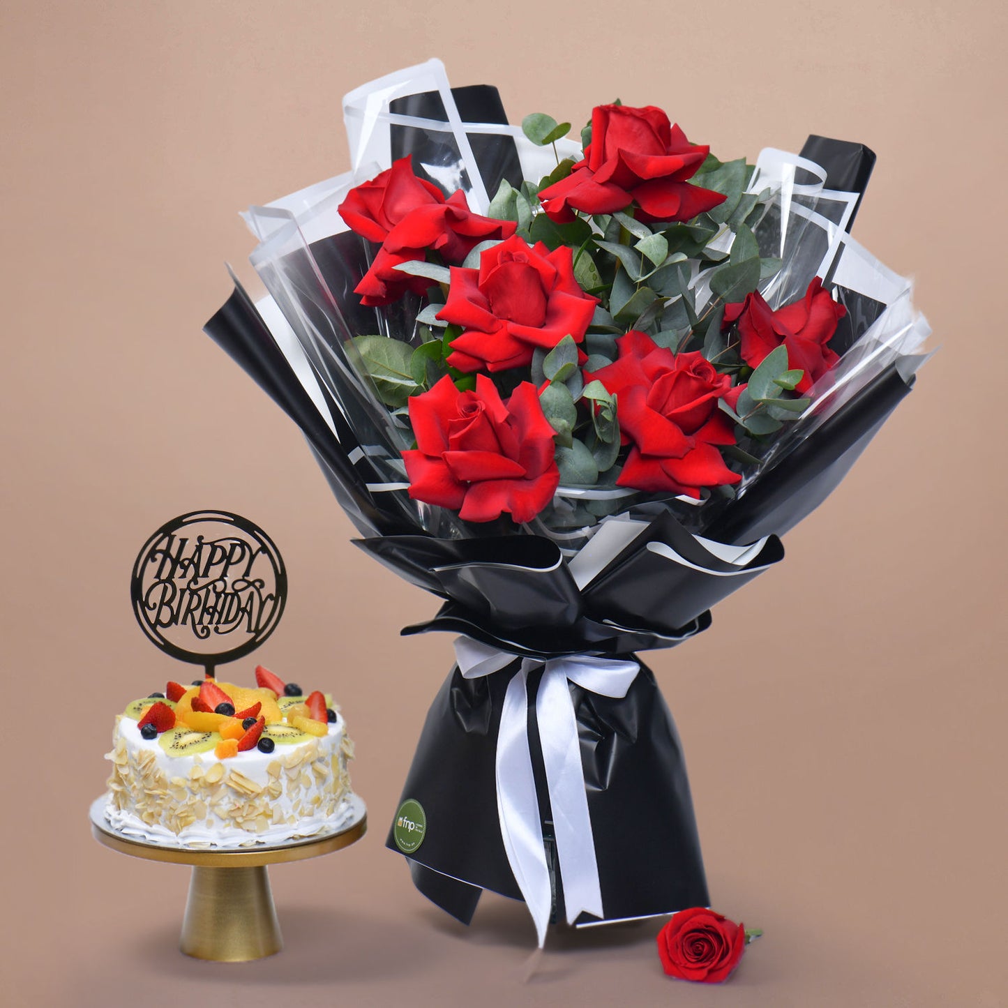 Elegant Red Rose Bouquet & Delightful Fresh Fruit Cake