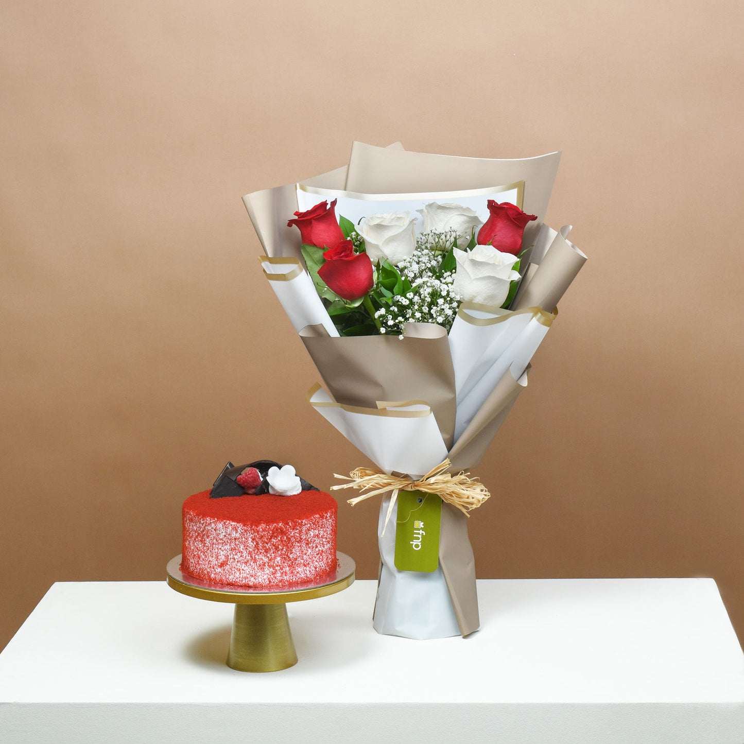 Elegant Regal Rose Bouquet with Decadent Red Velvet Cake