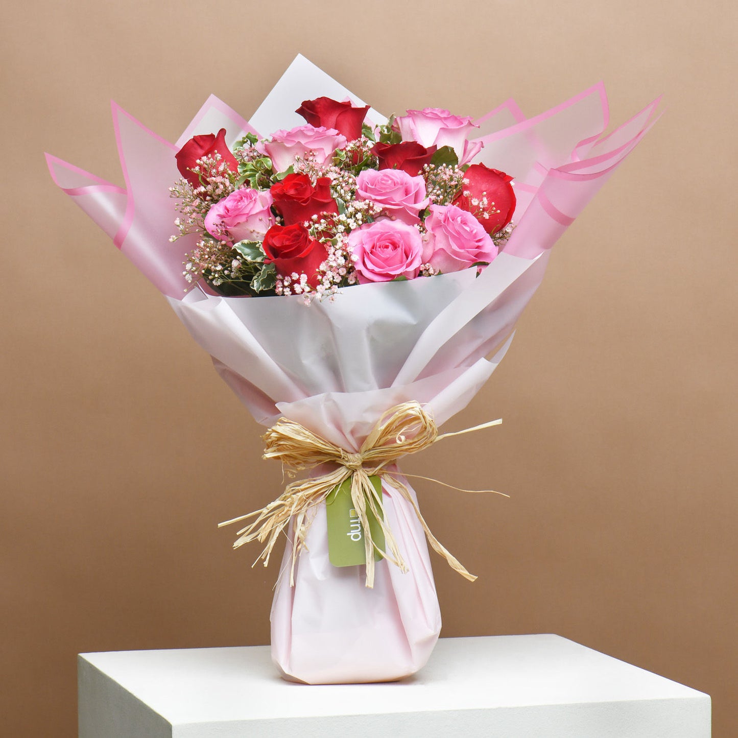 Exquisite Romance: Pink & Red Roses with Ferrero Rocher Chocolate Cake