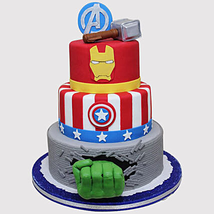 Epic Three-Tier Avengers Fondant Cake - Perfect for Marvel Fans
