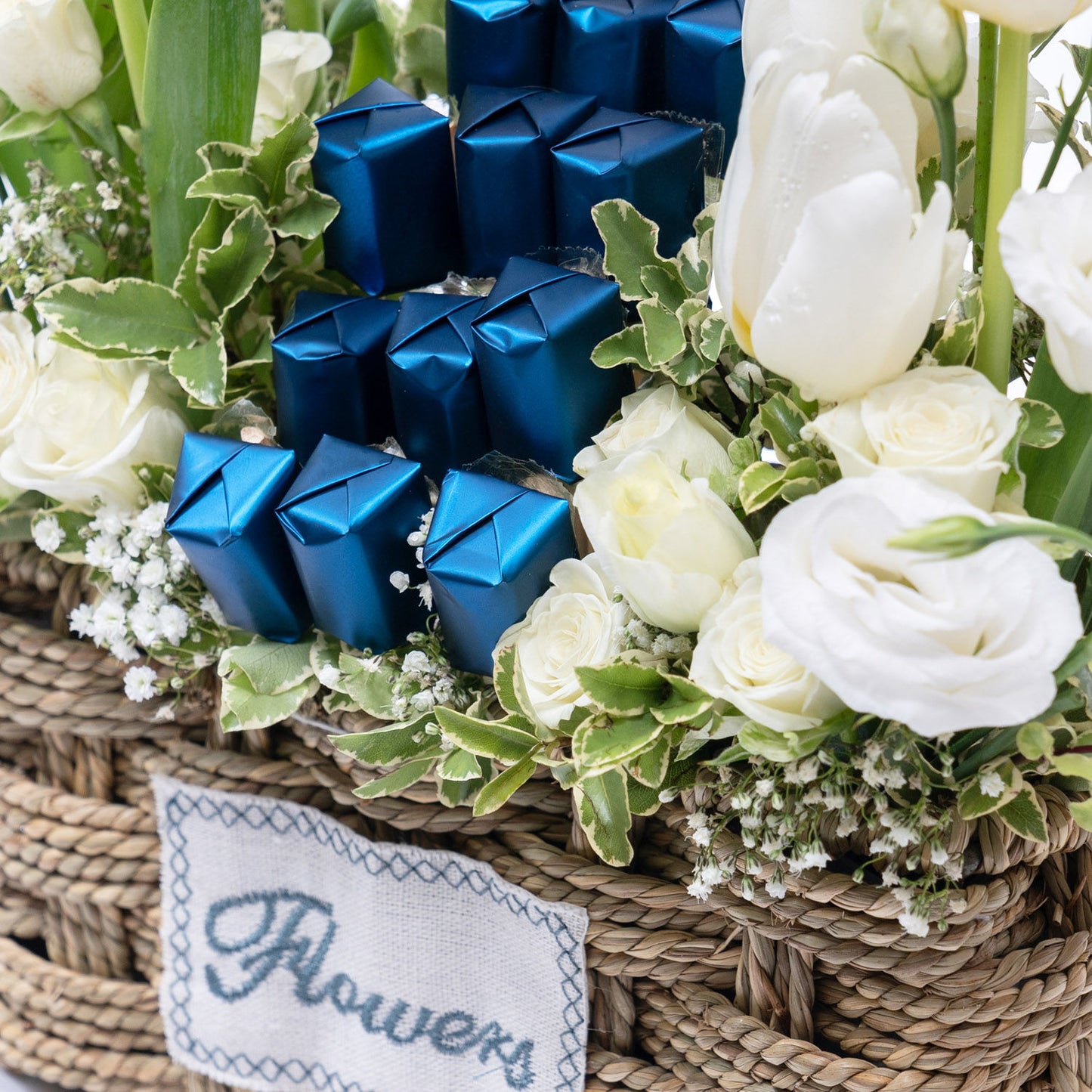 Elegant Tulips & Roses Floral Basket with Chocolates