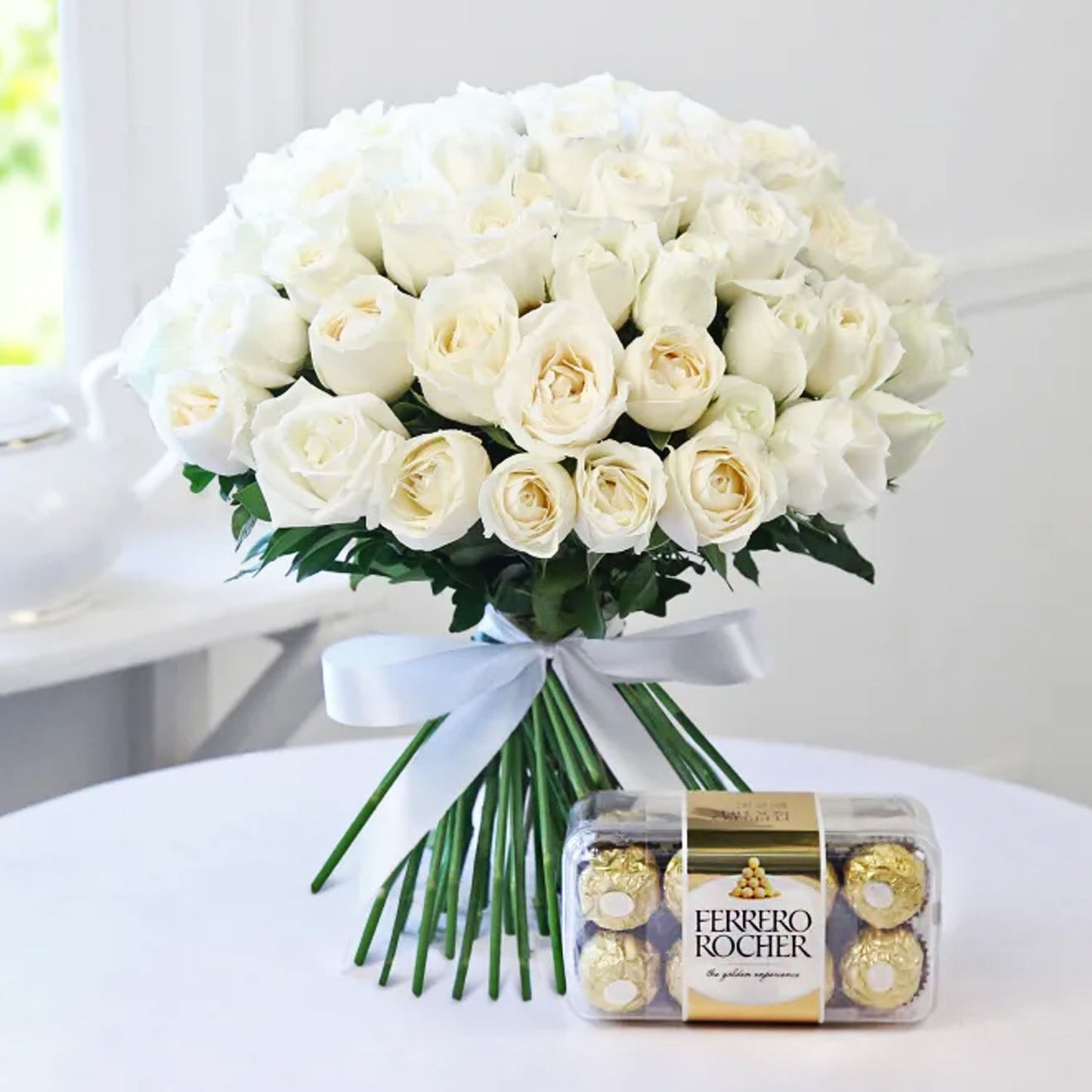 Elegant White Rose Bouquet with Ferrero Rocher Chocolates