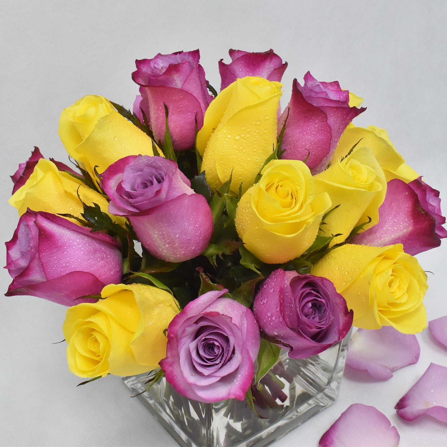 Elegant Arrangement of Yellow and Purple Roses in a Modern Square Glass Vase