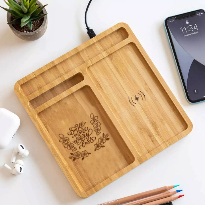 Eco-Friendly Bamboo Wireless Charging Station with Organizer
