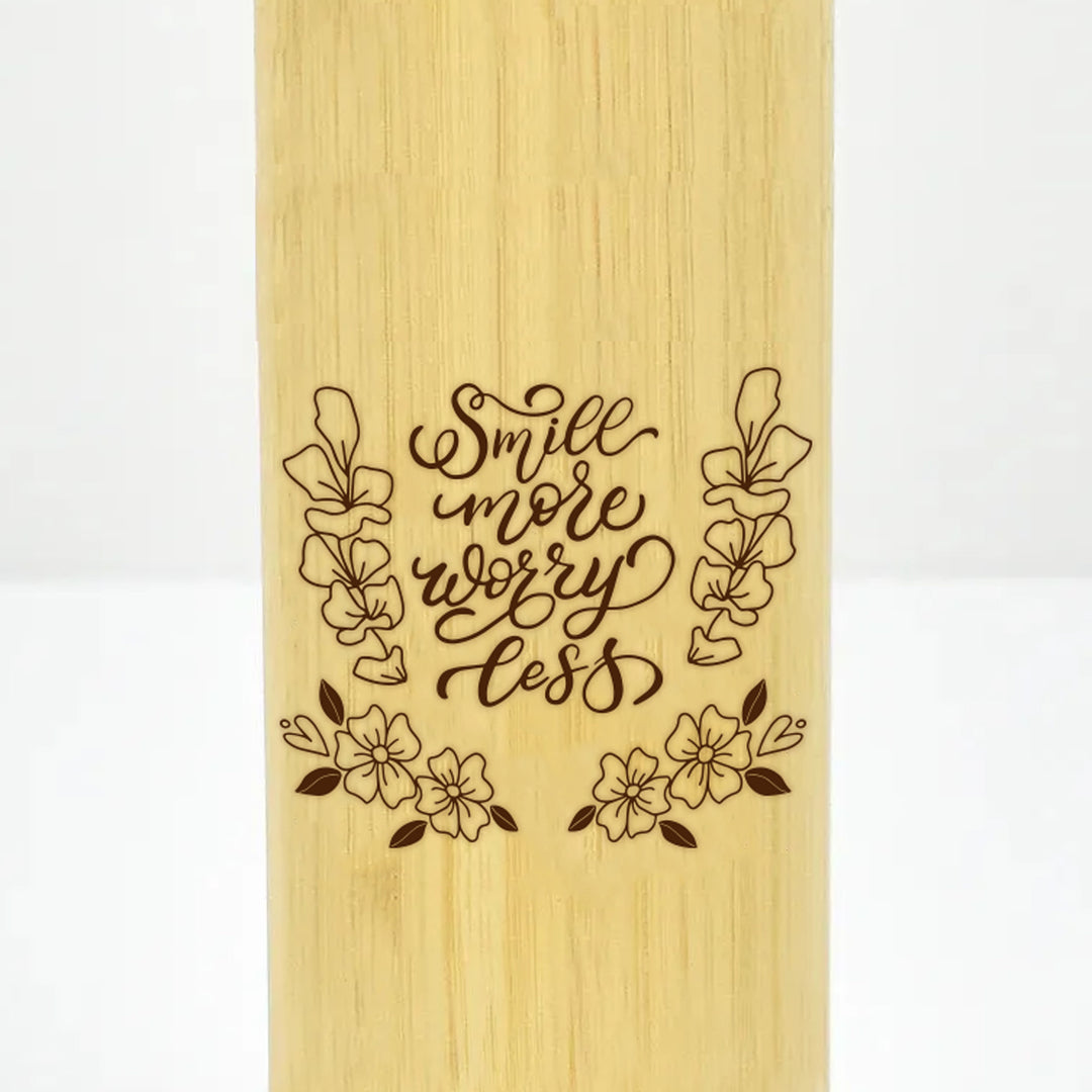 Eco-Friendly Engraved Bamboo Water Bottle - Smile More Worry Less