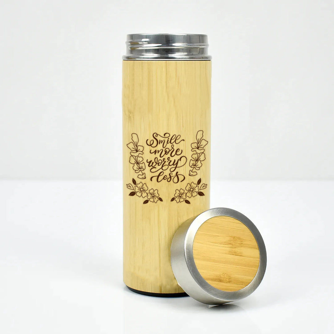 Eco-Friendly Engraved Bamboo Water Bottle - Smile More Worry Less