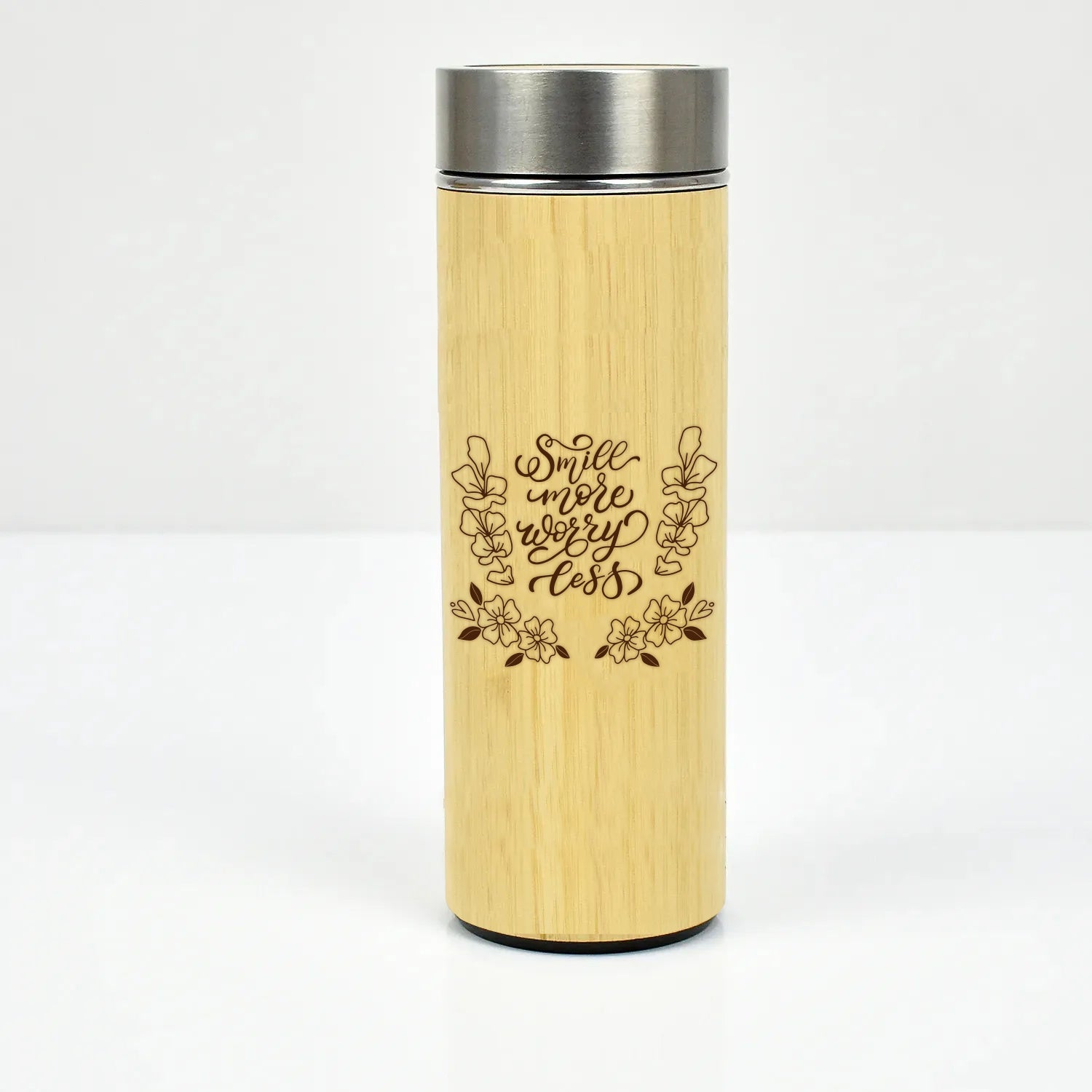 Smile More Worry Less Engraved Bamboo Water Bottle