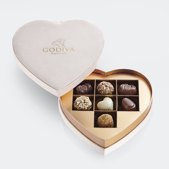 Godiva | Beige Velvet Heart Gift Box - 7 Pieces & Pretty Gerberas Bouquet