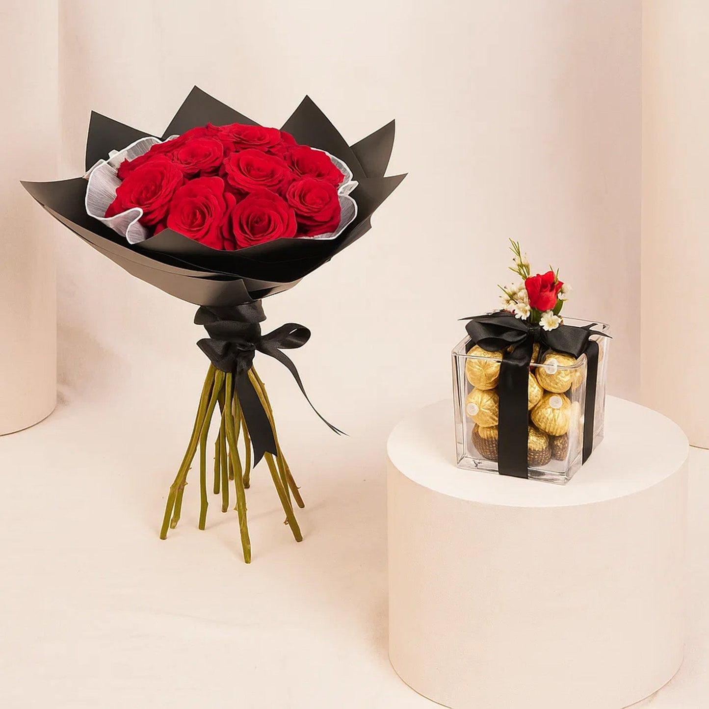 Elegant 10 Red Roses Bouquet with Ferrero Rocher Chocolates