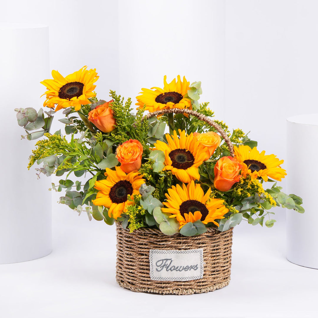 Vibrant Sunflower and Orange Rose Basket - Perfect Floral Gift